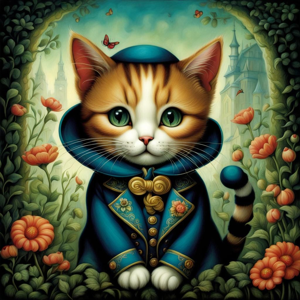 Cute Cat in Fairytale Illustration Style