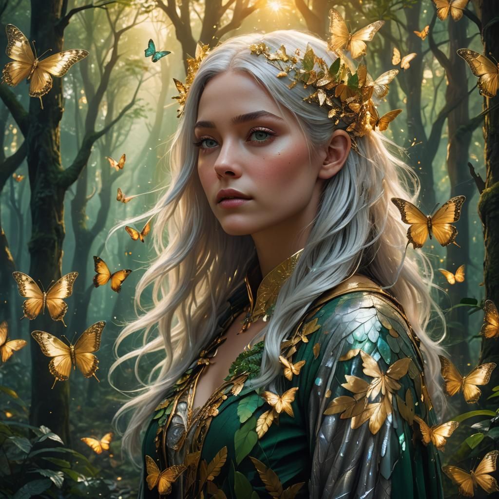 Mystical Forest Girl with Gold and Silver Hair