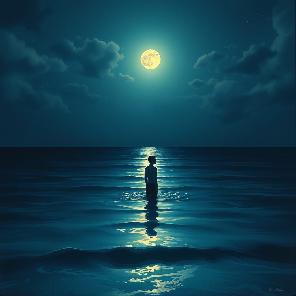 Ethereal Nighttime Reflections of a Lone Man by the Calm Oce...