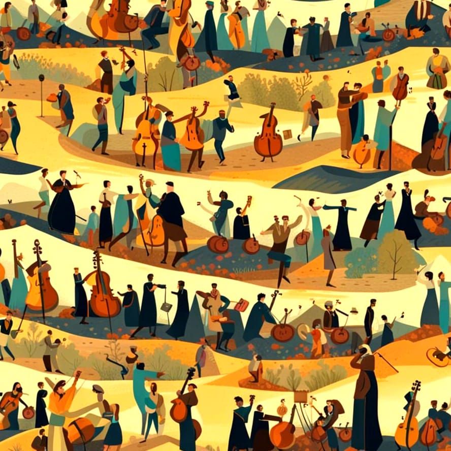 Musicians Fill a Hilly Landscape at Golden Hour