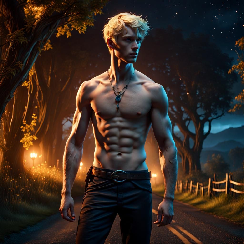 Pale Blond Man on Country Road at Night