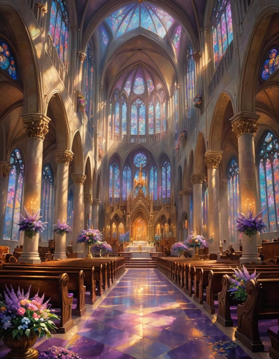 Ethereal Cathedral Scene with Stained Glass in Dreamy Realis...