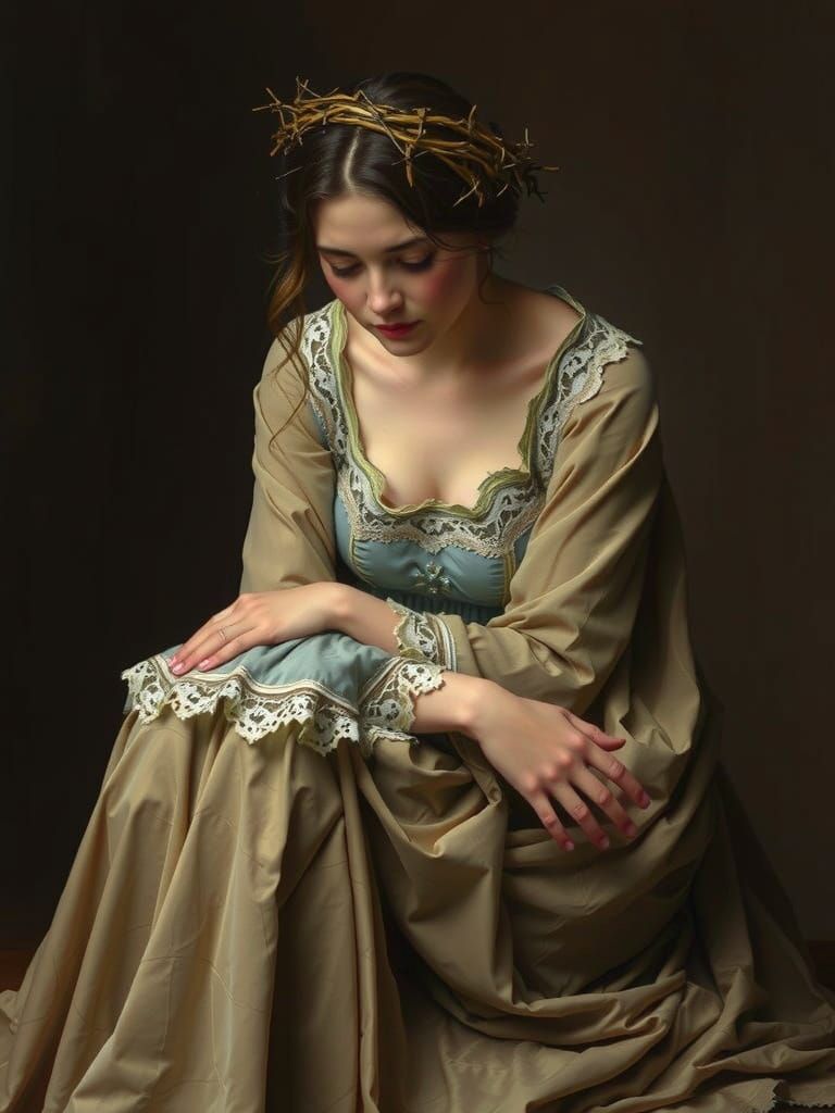 Lady in Crown of Thorns, Contemplative Portrait in Somber Re...