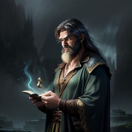 Medium shot of a sophisticated caveman  protagonist in a sto...