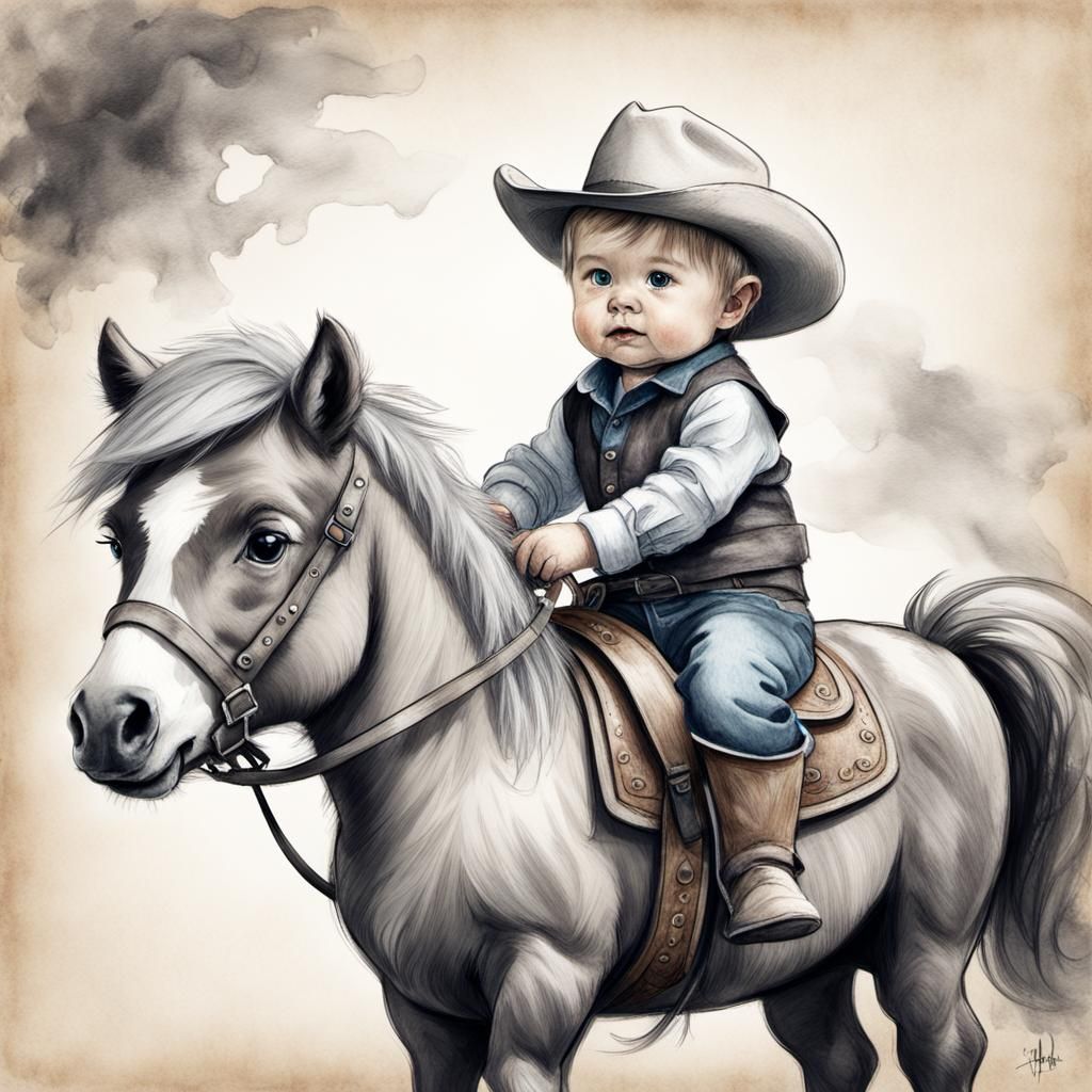 Cowboy Toddler on Shetland Pony: Cartoon Sketch
