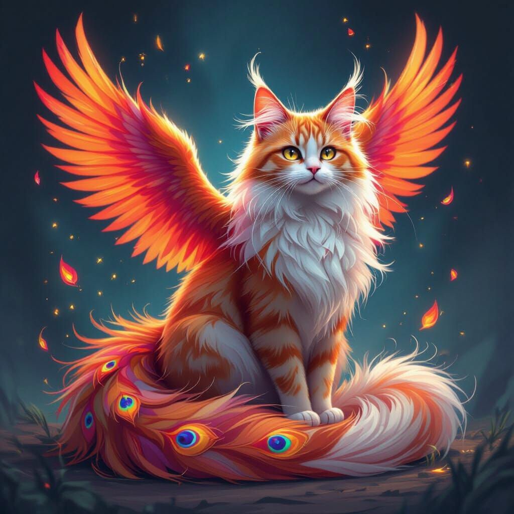 Majestic Cat Phoenix in Whimsical Style