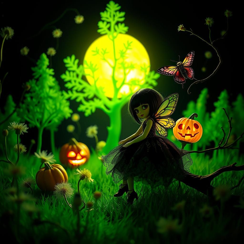Whimsical Goth Doll in Surreal Halloween Landscape