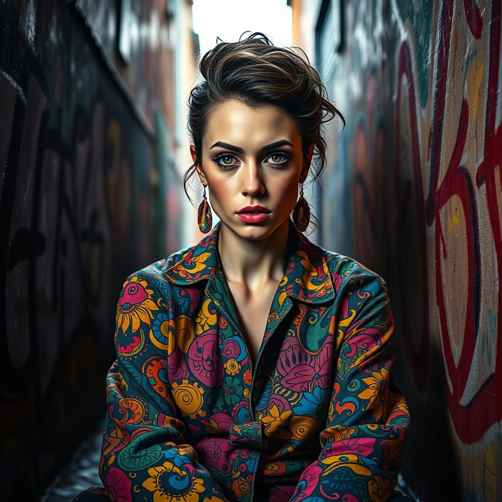 Woman Defies with Resignation in Graffiti Alleyway