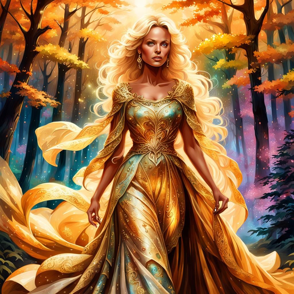 Golden Gown in Mystical Forest: Fantasy Portrait