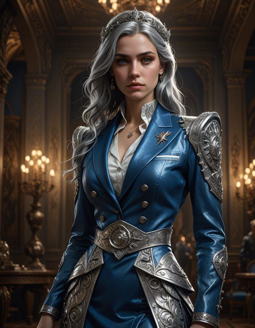Silver-Haired Princess in Blue and Silver Military Ballgown