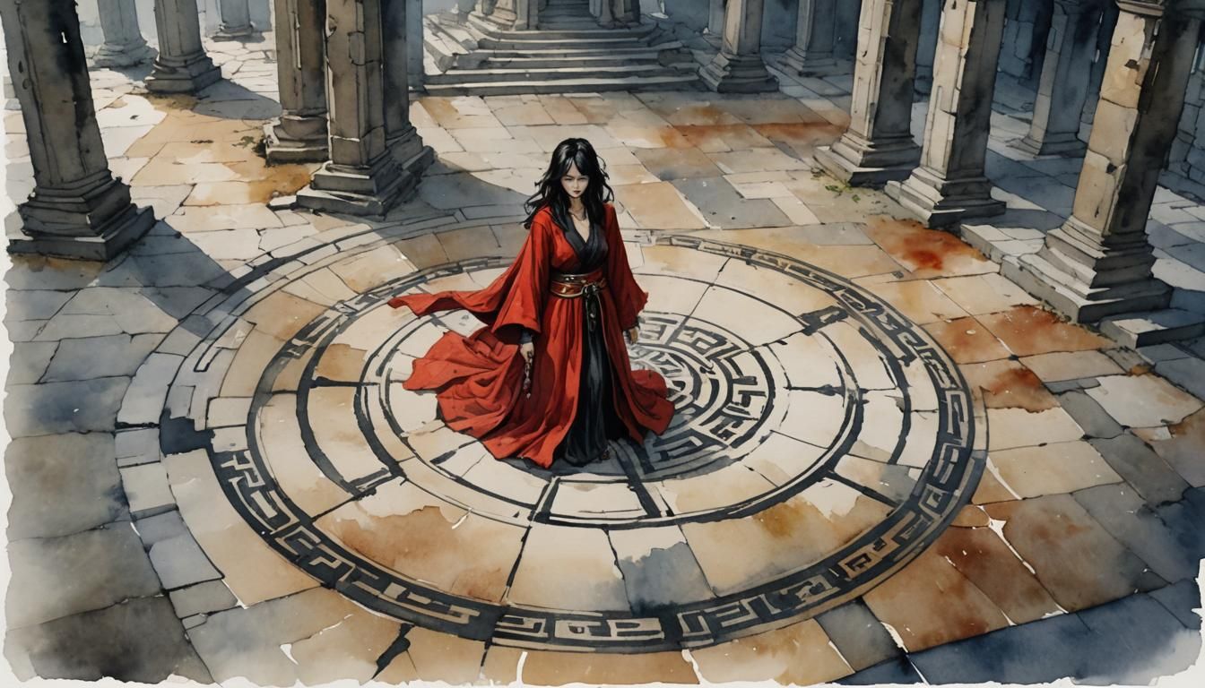 Watercolor Mage in Temple Ruins Under Black Skies