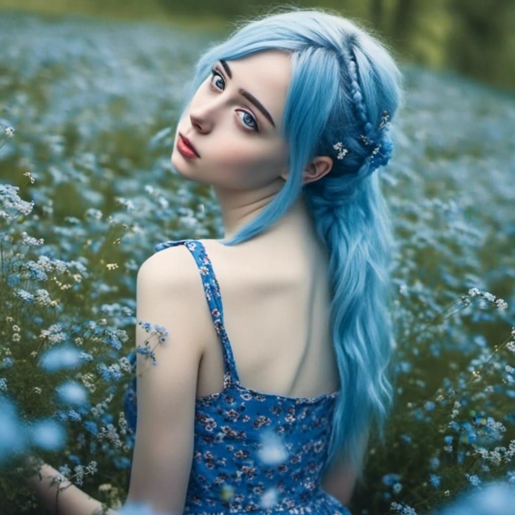 Blue Haired Girl in Forget-Me-Not Field