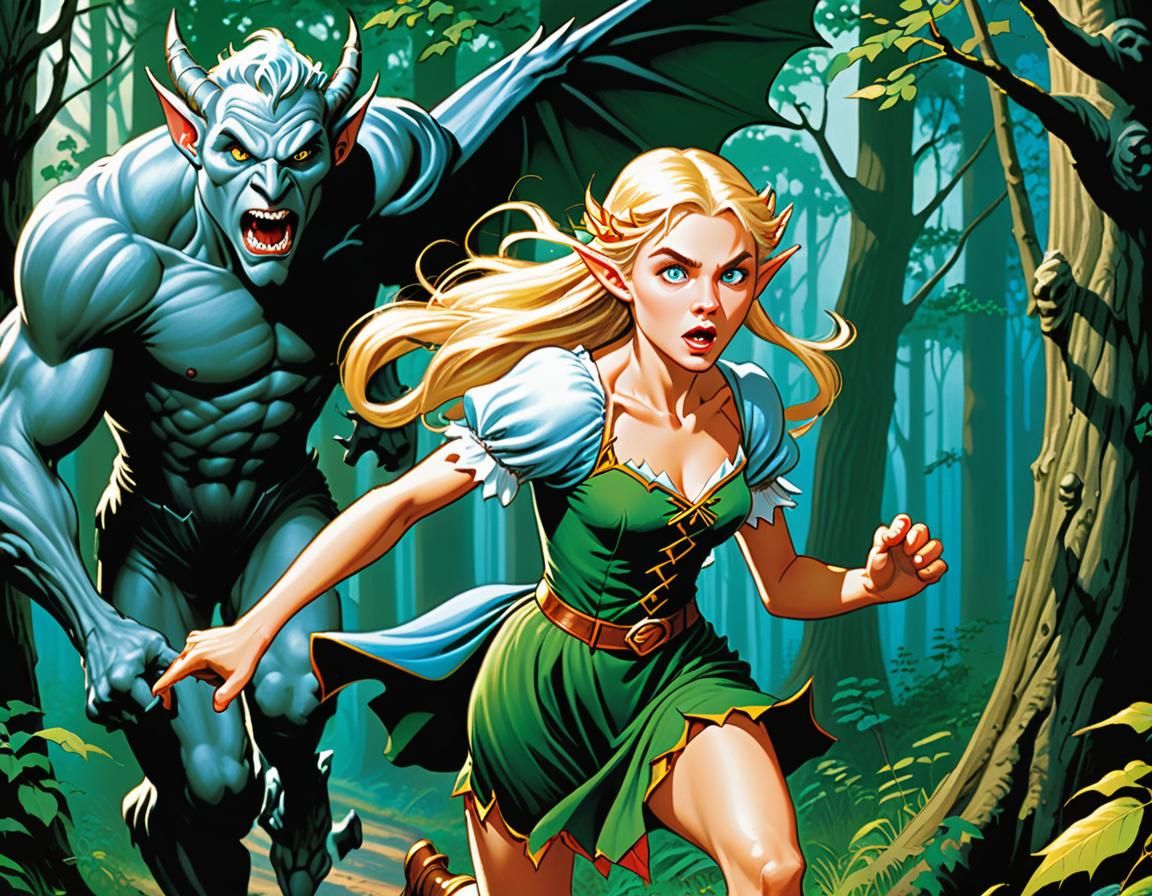 Elf-maiden Flees from a Gargoyle in Hyperdetailed Comic Art