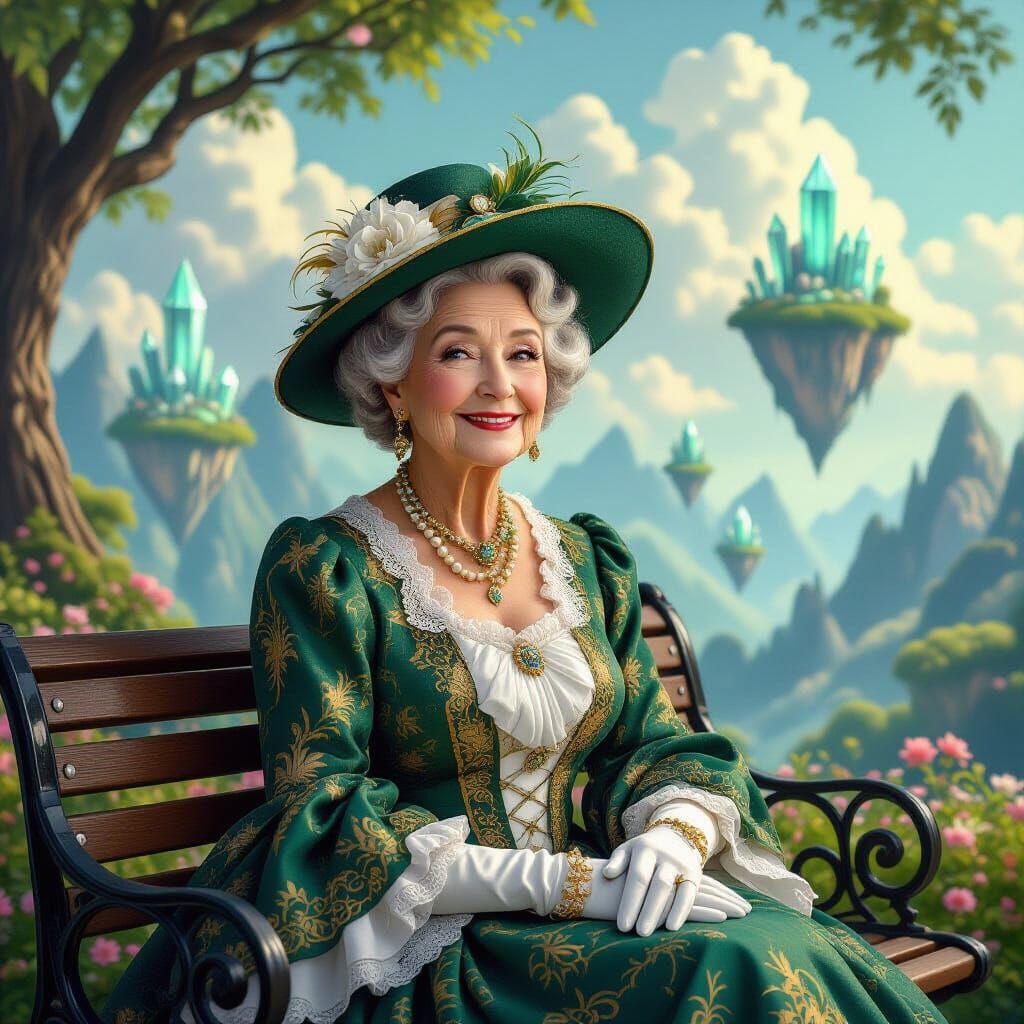 Elderly Woman in Emerald Dress Overlooking Surreal Landscape