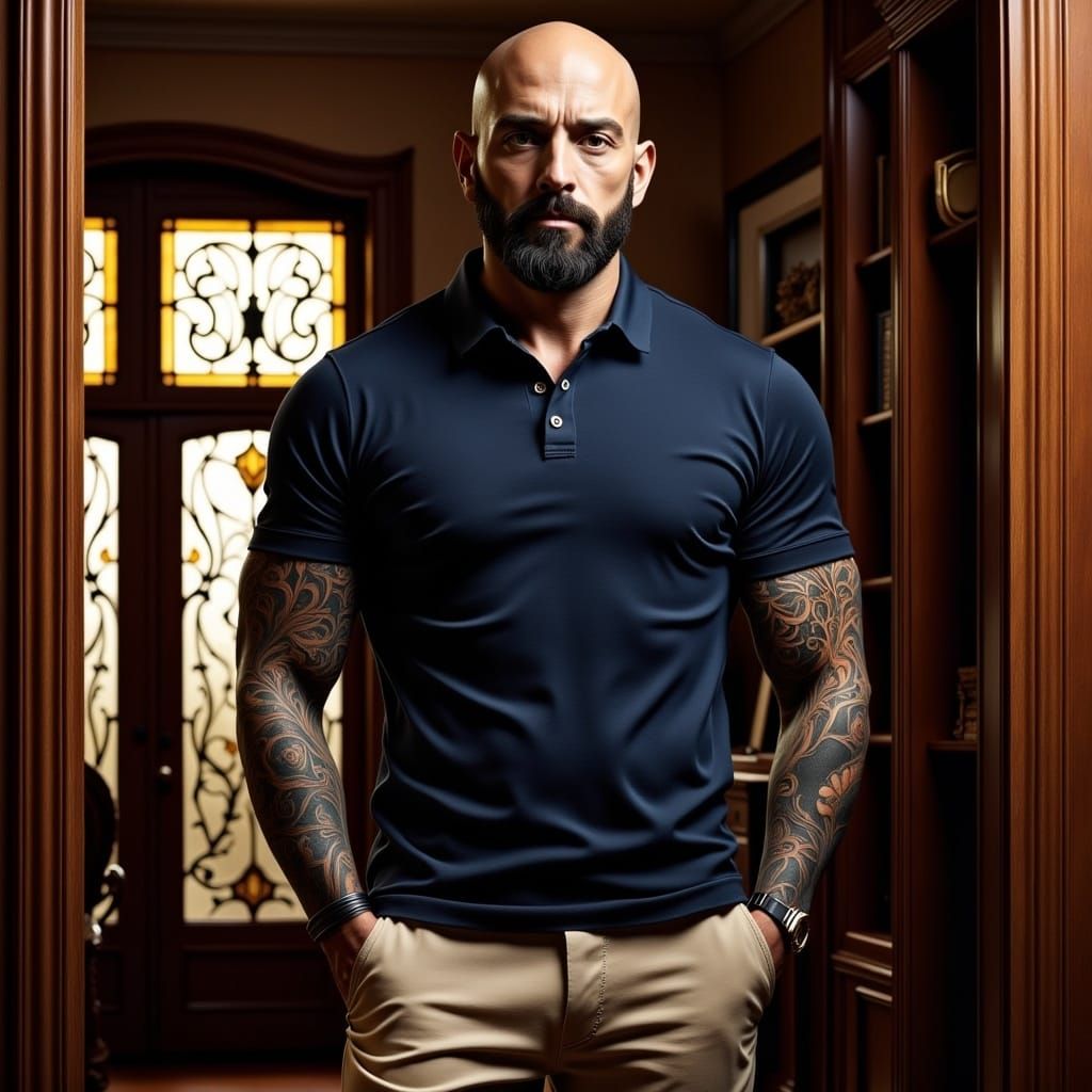 Confident Man with Tattoos in Hyperrealistic Style