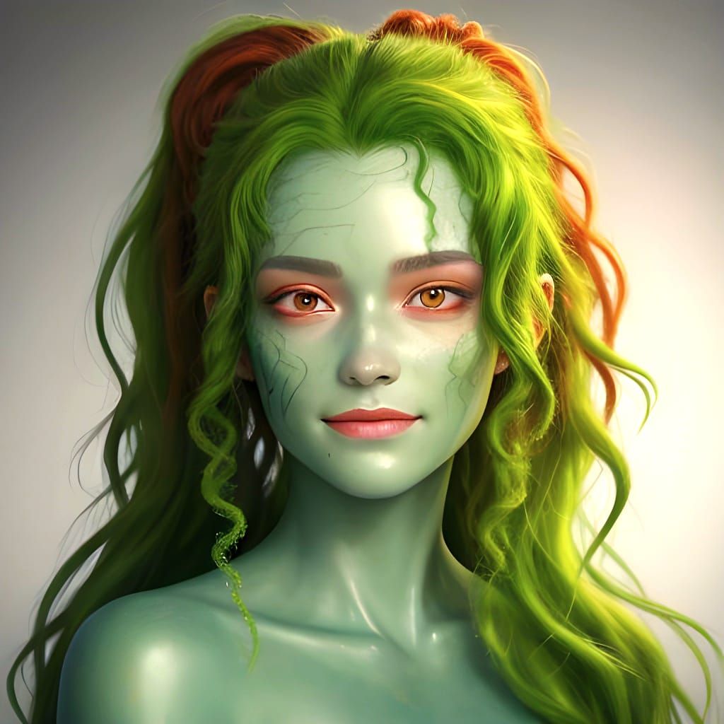 Green-Skinned Teen Girl with Red Eyes Smiling