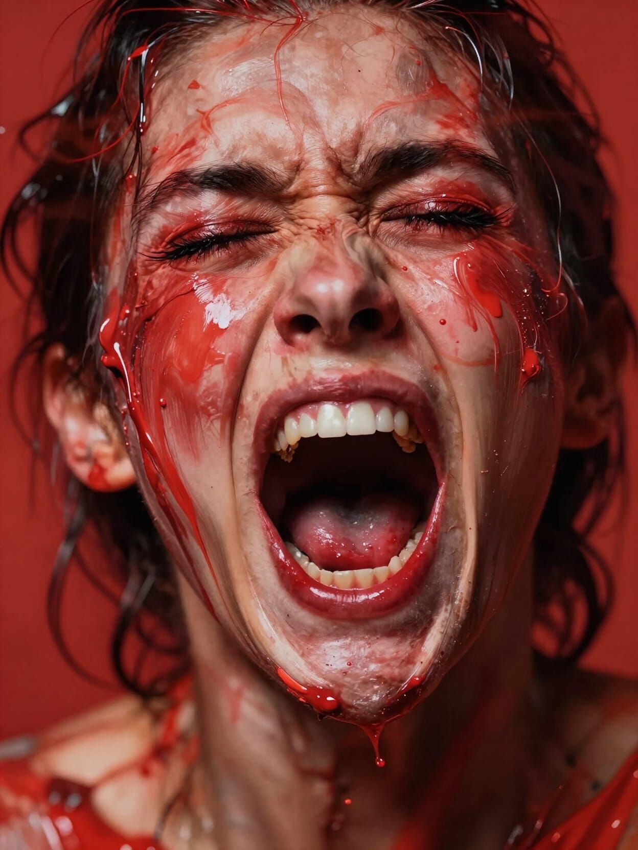 Expressionist Portrait of a Face Melting in Red Paint