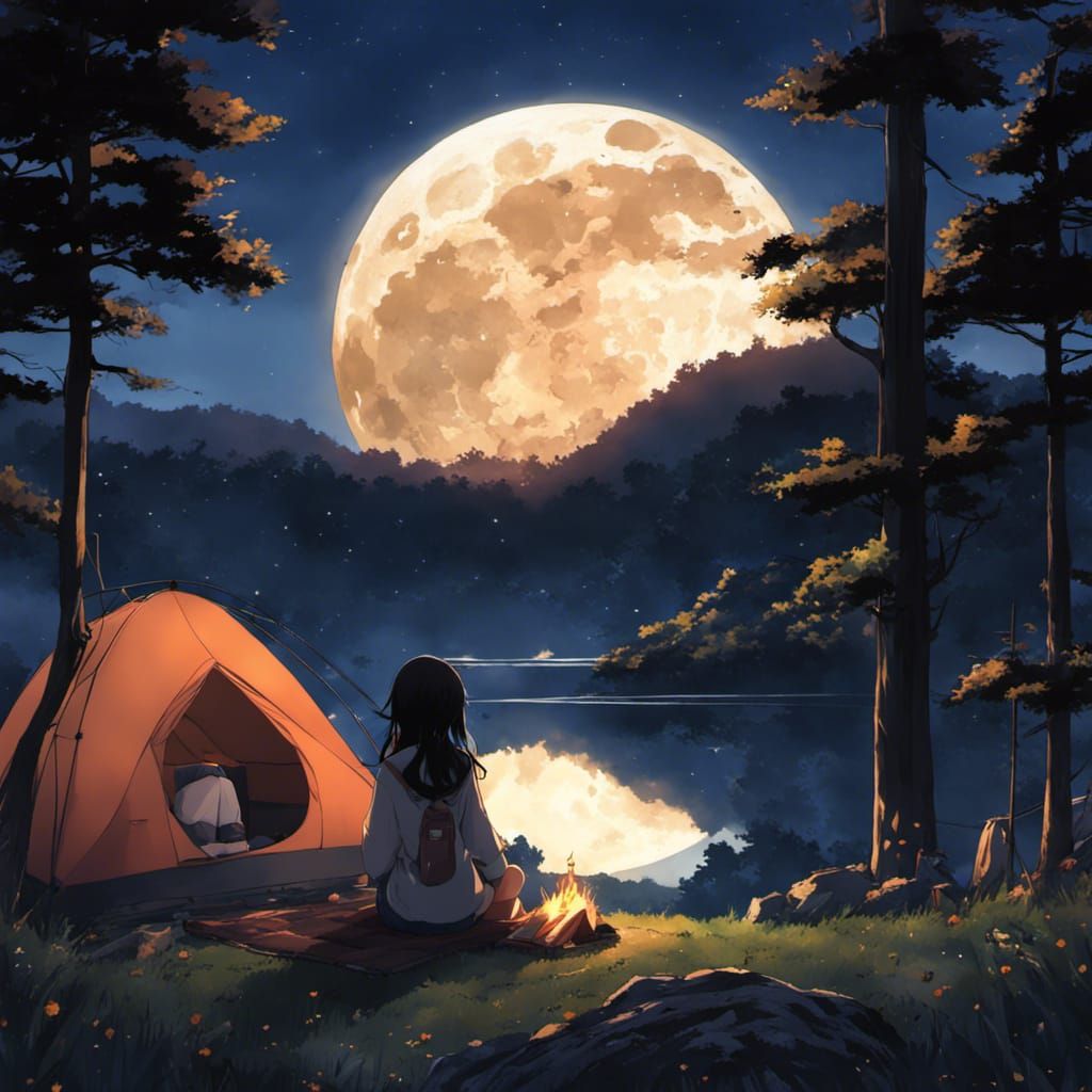 Anime Girl Camping Under the Moon