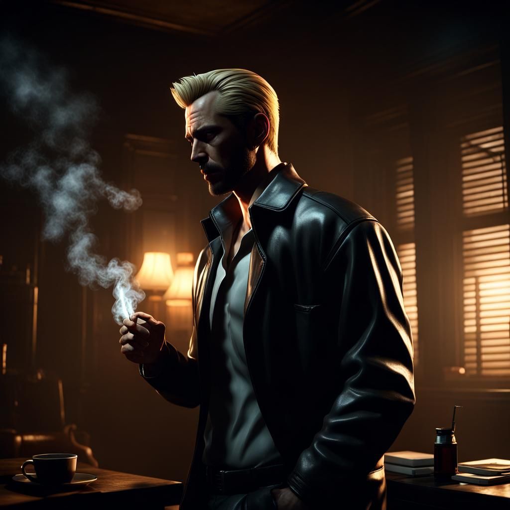 Noir Max Payne Smokes During Thunderstorm: 3D Render
