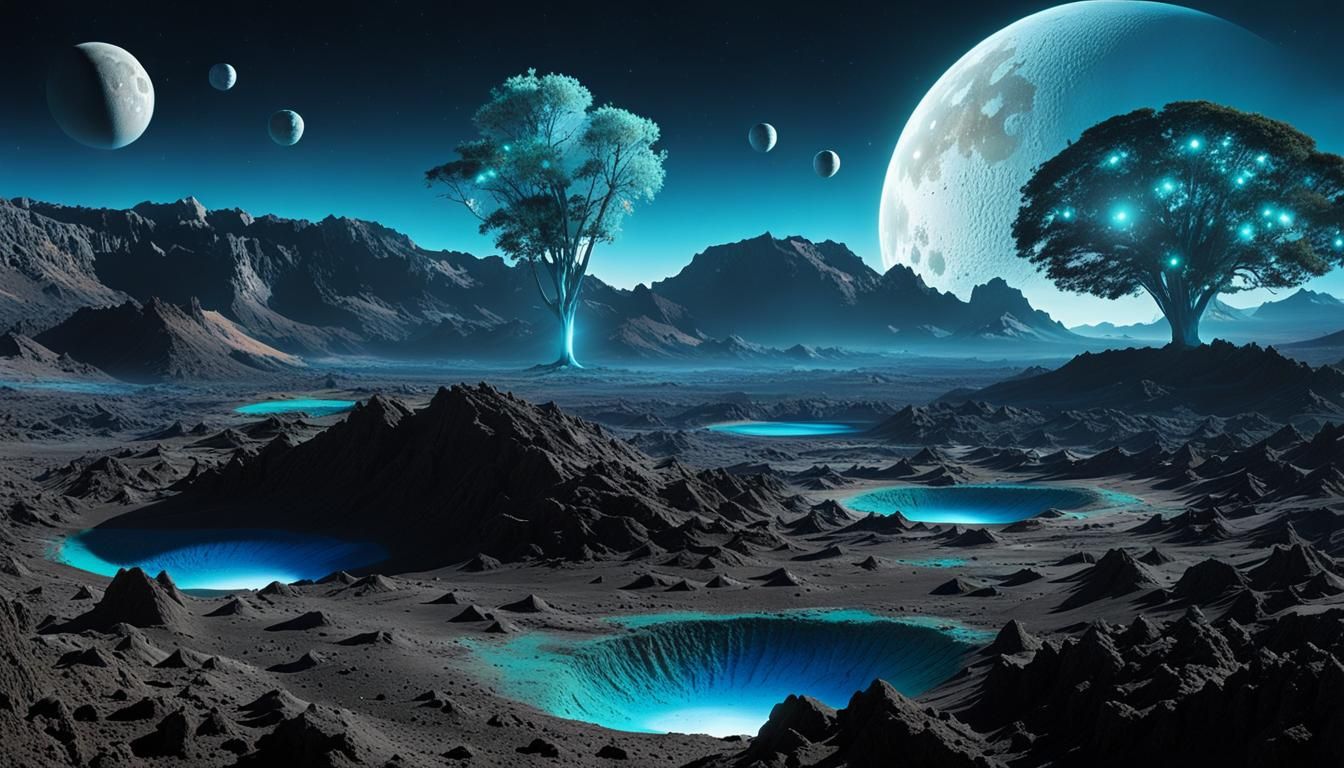 Blue-Turquoise Asteroid Landscape with Numerical Trees
