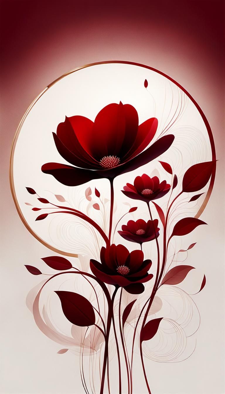 Abstract Floral Art in Deep Red Retro Style
