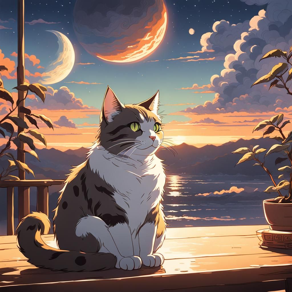 Cat Sipping Coffee on the Moon: Anime Style