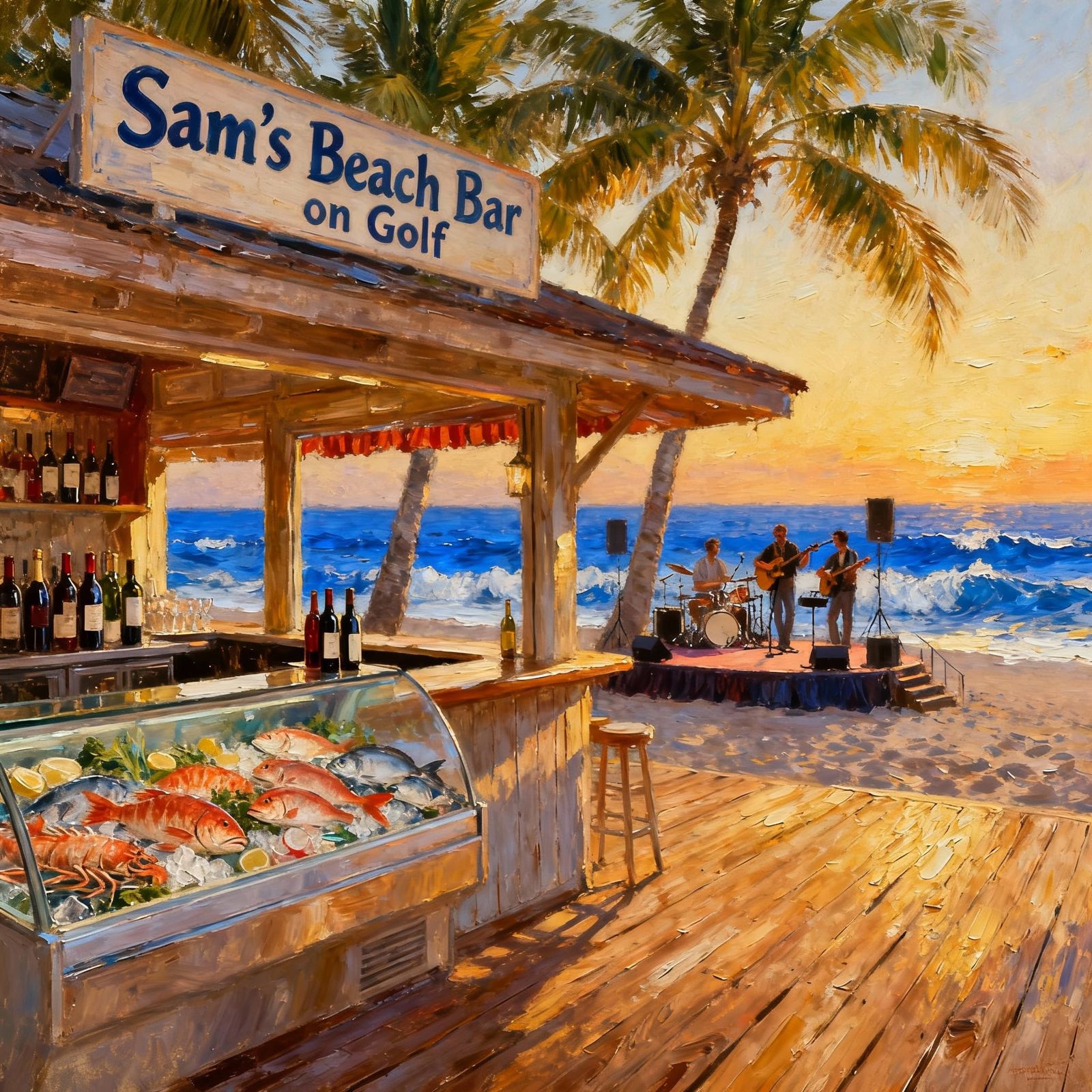 Sam's Beach Bar on Golf,  featuring fine sea food, fine wines, really good music.