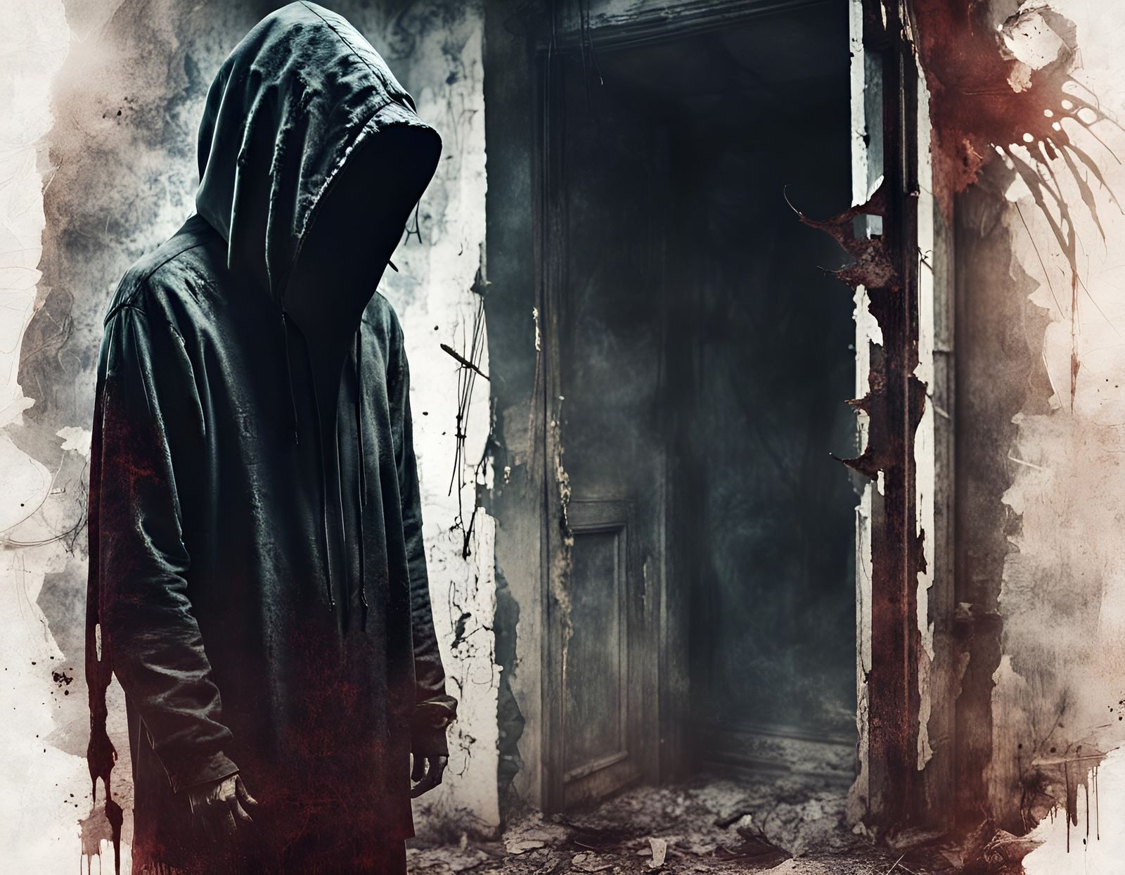 Eerie Hooded Figure in Ruined Doorway: Horror Art