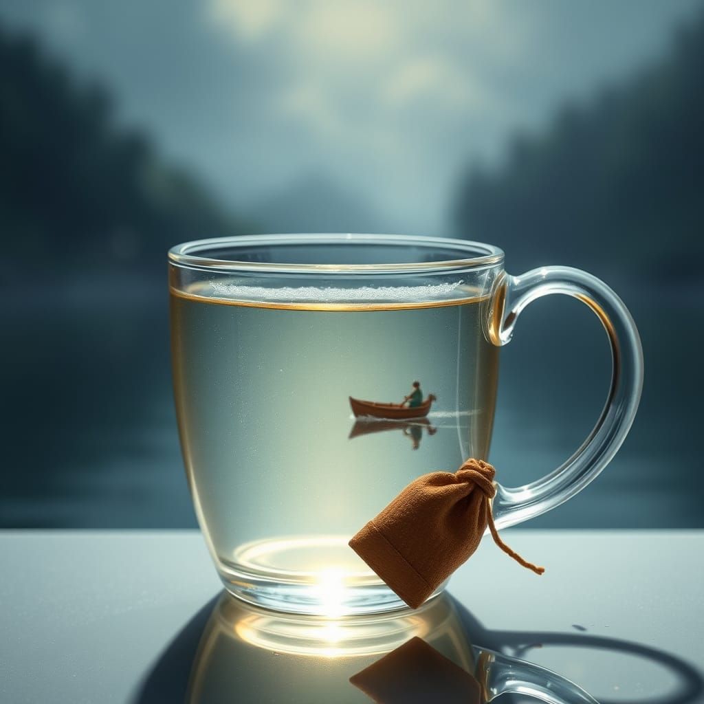 Tranquil Lake in Teacup, Ethereal Thomas Kinkade Style