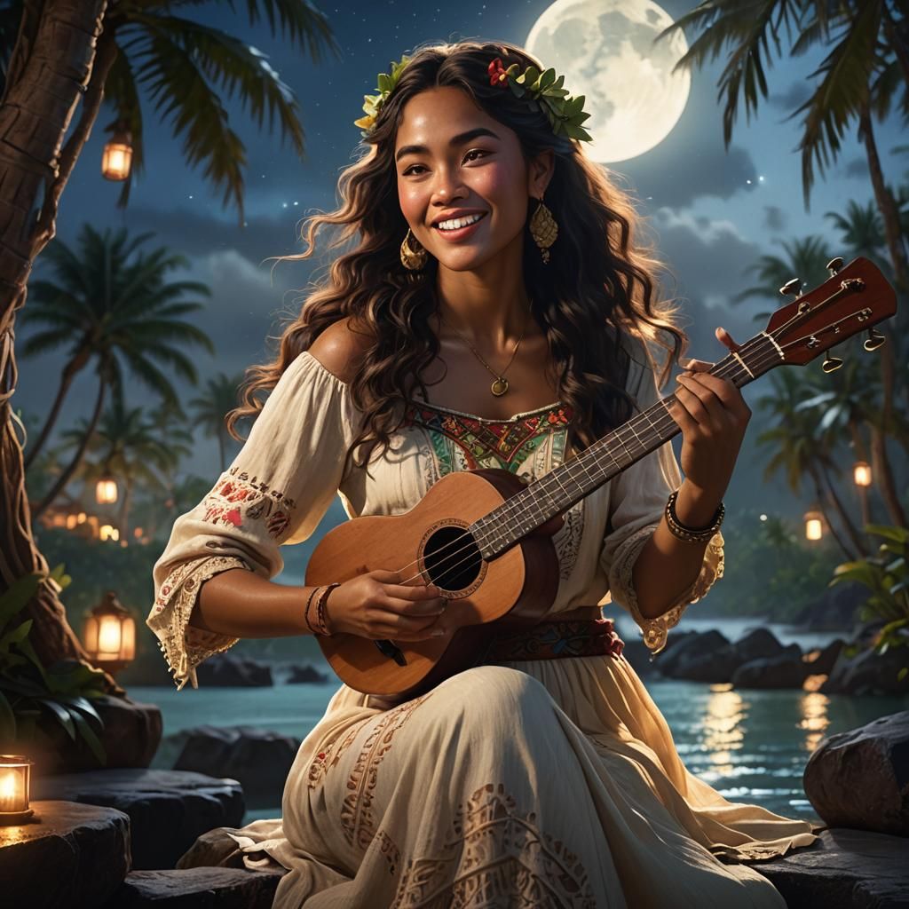 beautiful polynesian woman playing ukulele, full body dynami...