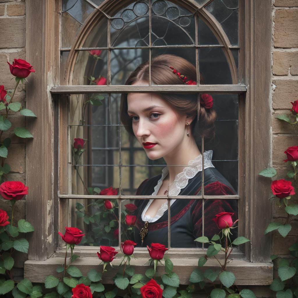 Woman in Tudor Window with Roses