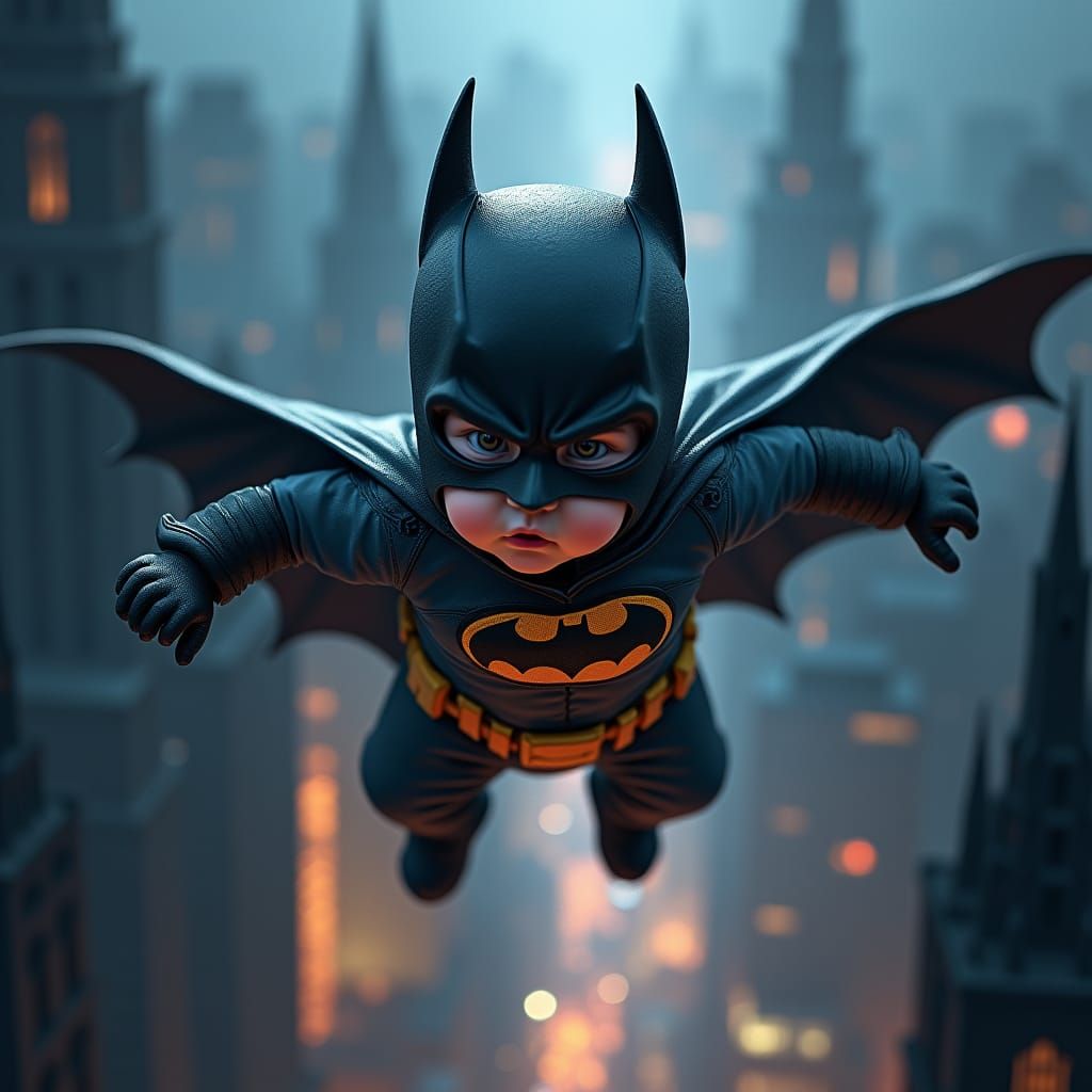 Baby Batman Soaring Through Gotham: Digital Matte Painting