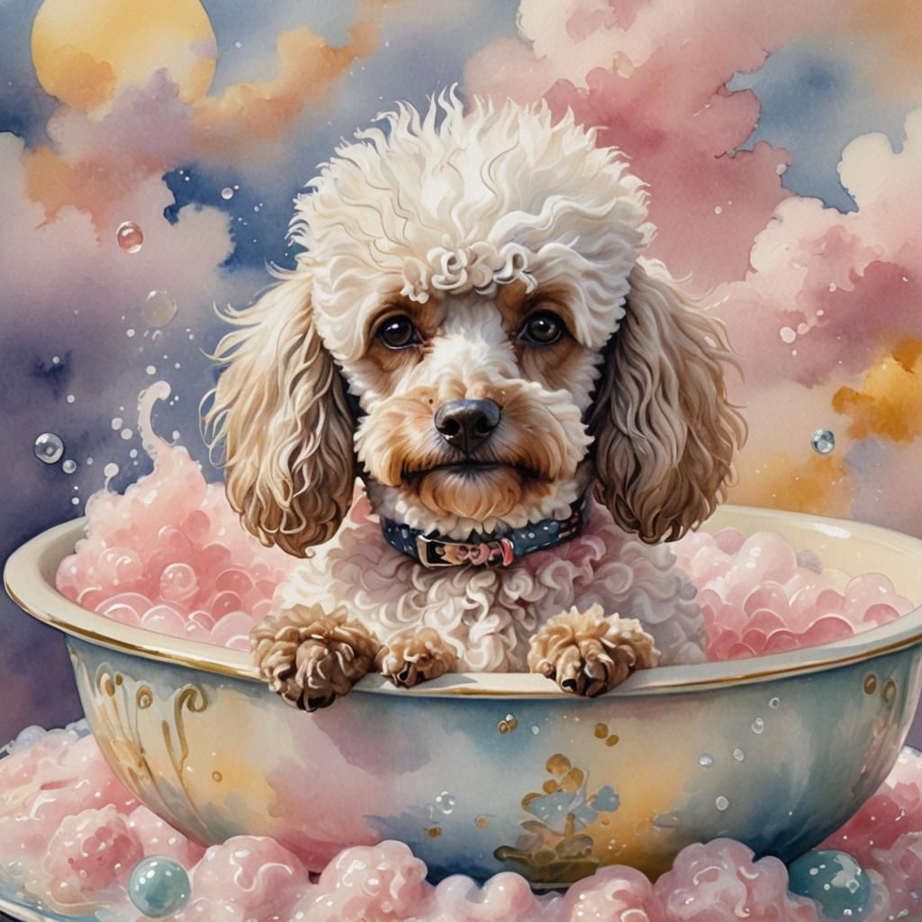 Pink Poodle in Teacup Bubble Bath, Watercolor Style