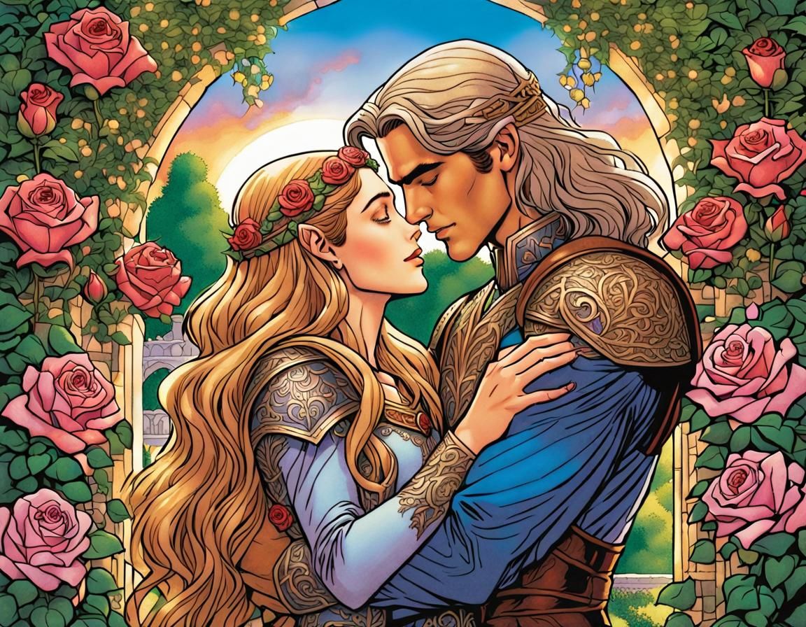 Elven Couple's Rose Garden Romance: Comic Art