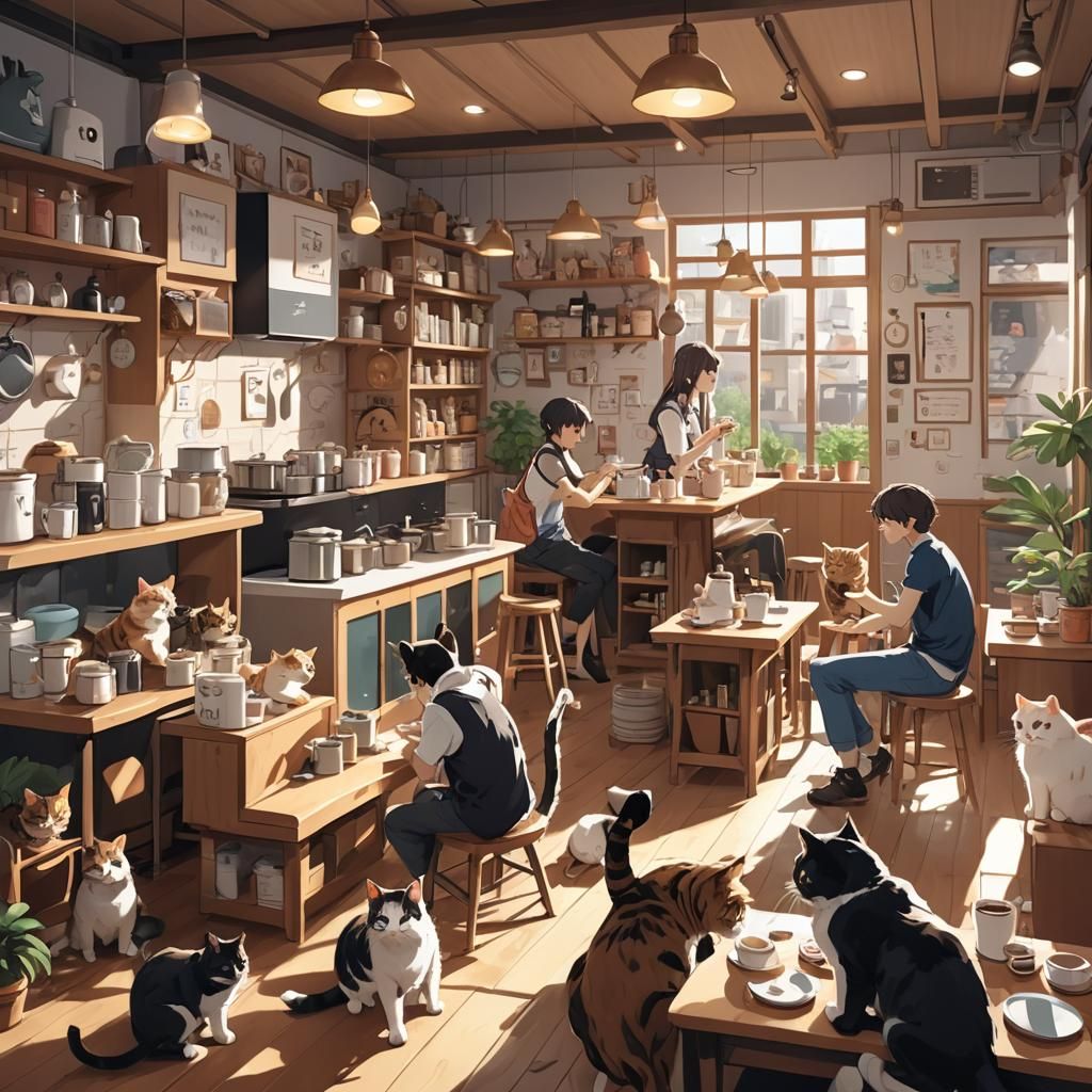 Vibrant Anime-Style Cat Cafe Scene