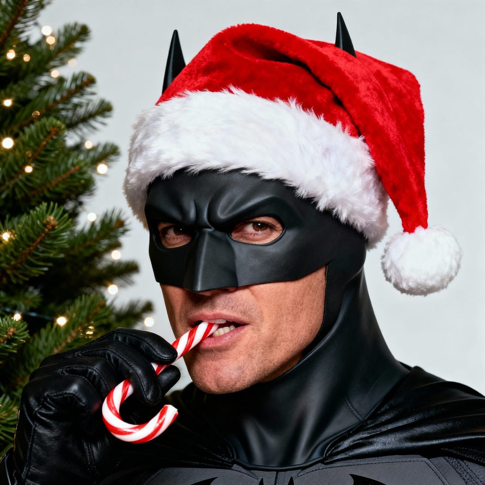 Batman in Santa Hat Eating Candy Cane Portrait
