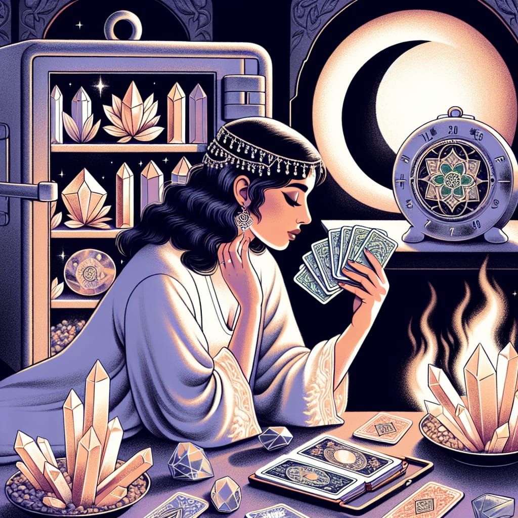 Mystical Woman Reading Tarot Cards by Moonlight