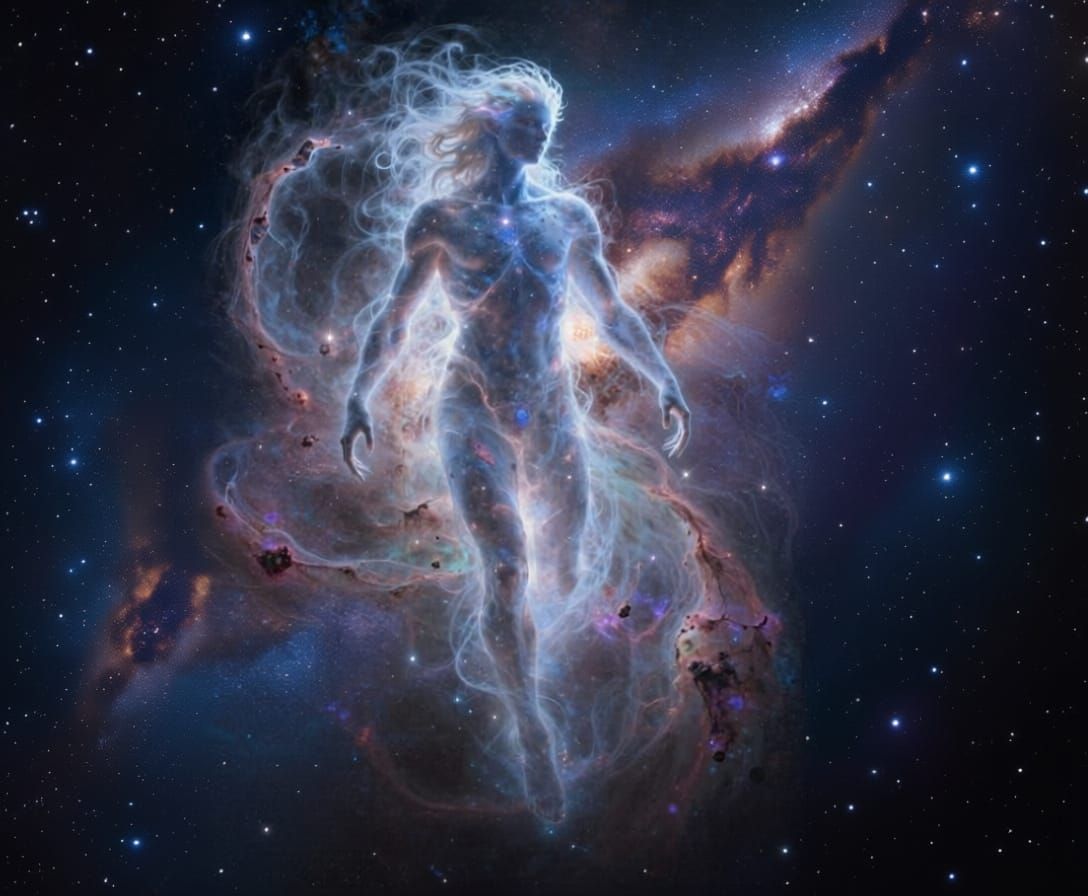 Cosmic Male Entity in Swirling Stardust Nebula