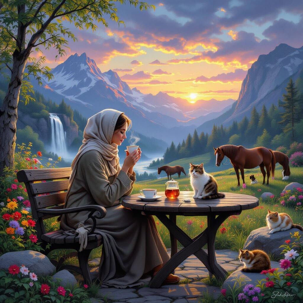 Woman, Cat, and Horses Enjoying Sunset Landscape
