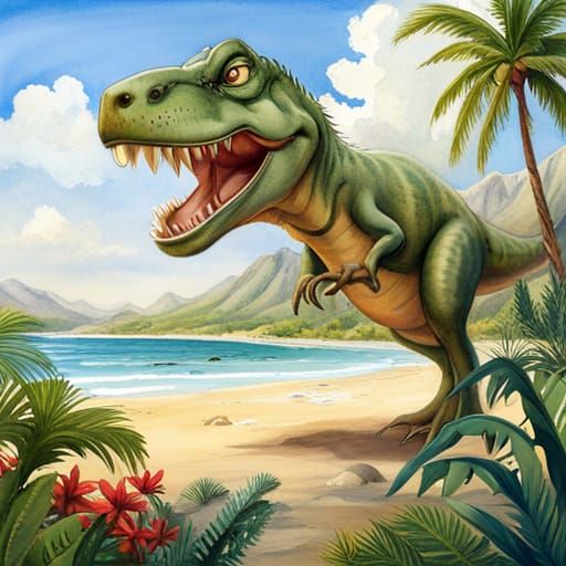 Baby T.Rex in Watercolor Seascape Poster Art