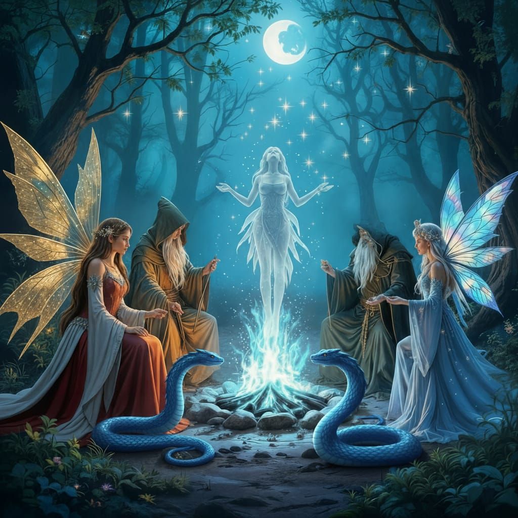 Wizards and Fairies Around Blue Flames in Enchanted Forest