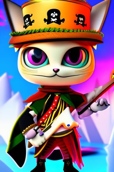 Cute Pirate Chibi Cat in 3D Digital Art
