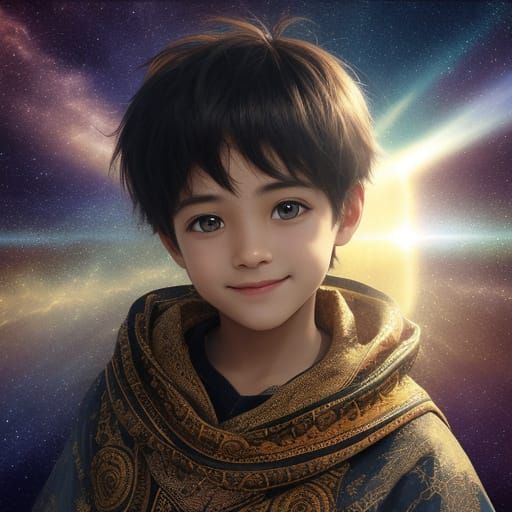Boy's Cheerful Smile in Cosmic God Rays