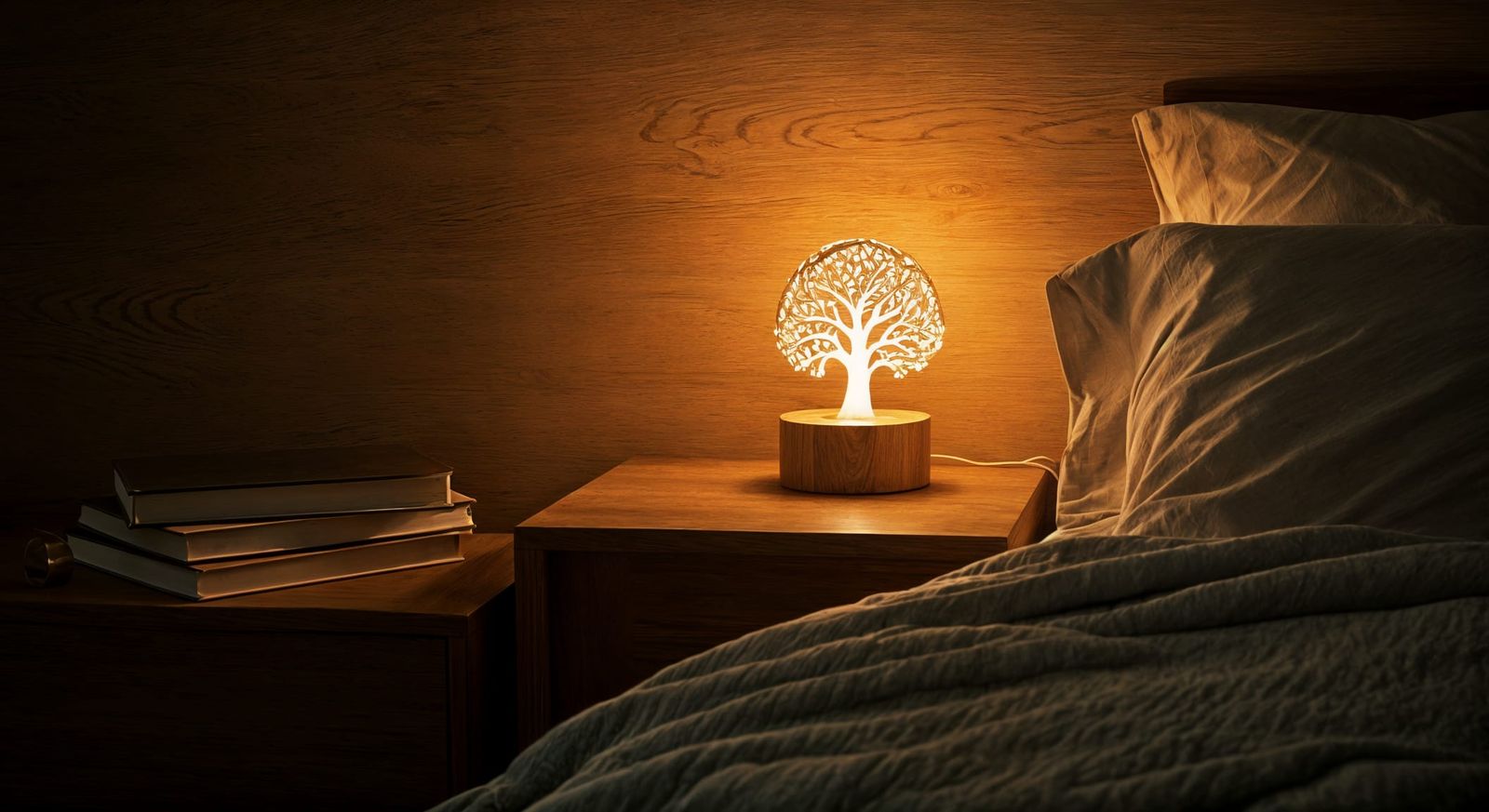 Cozy Bedroom at Night with Glowing Tree Nightlight