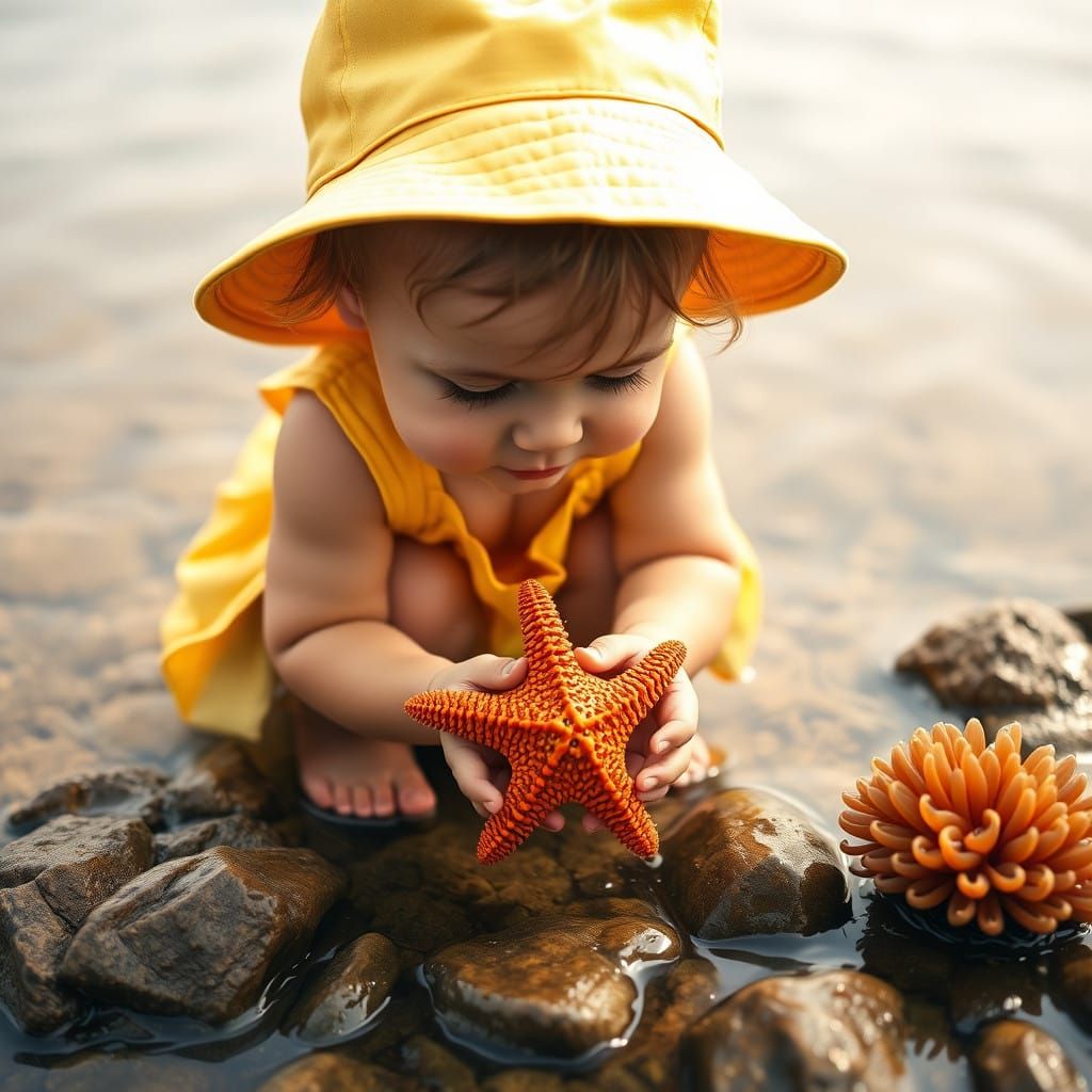 Cherubic Child Holds Vibrant Starfish in Shallow Tide Pool