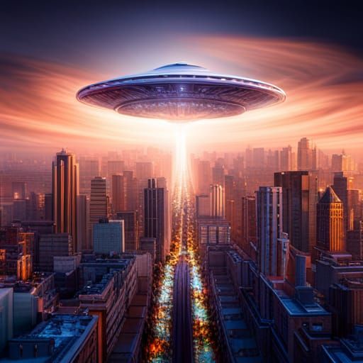UFO Over City at Night in Hyperrealistic Style