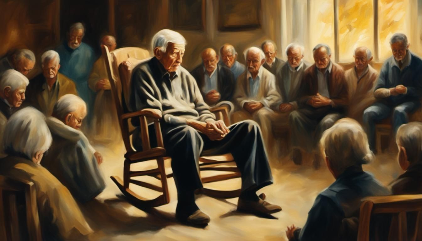 Elderly Person Surrounded by Praying Figures: Surreal Oil Pa...