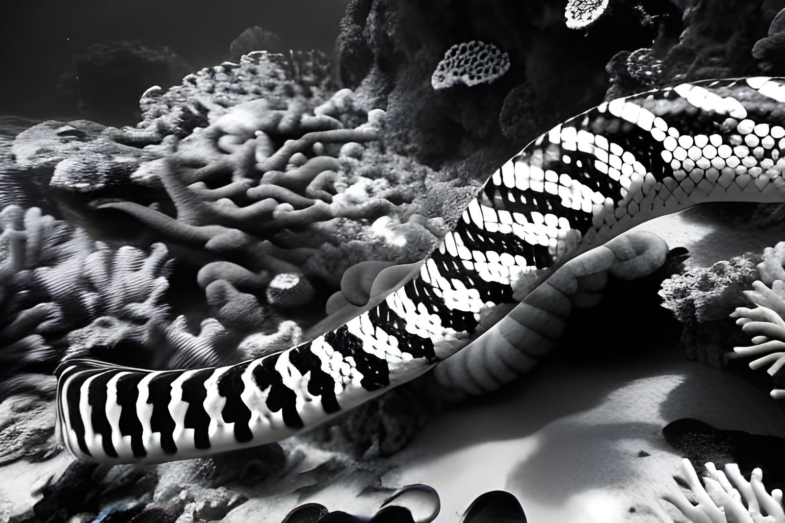 Striped Snake Diving in Colorful Coral Reef