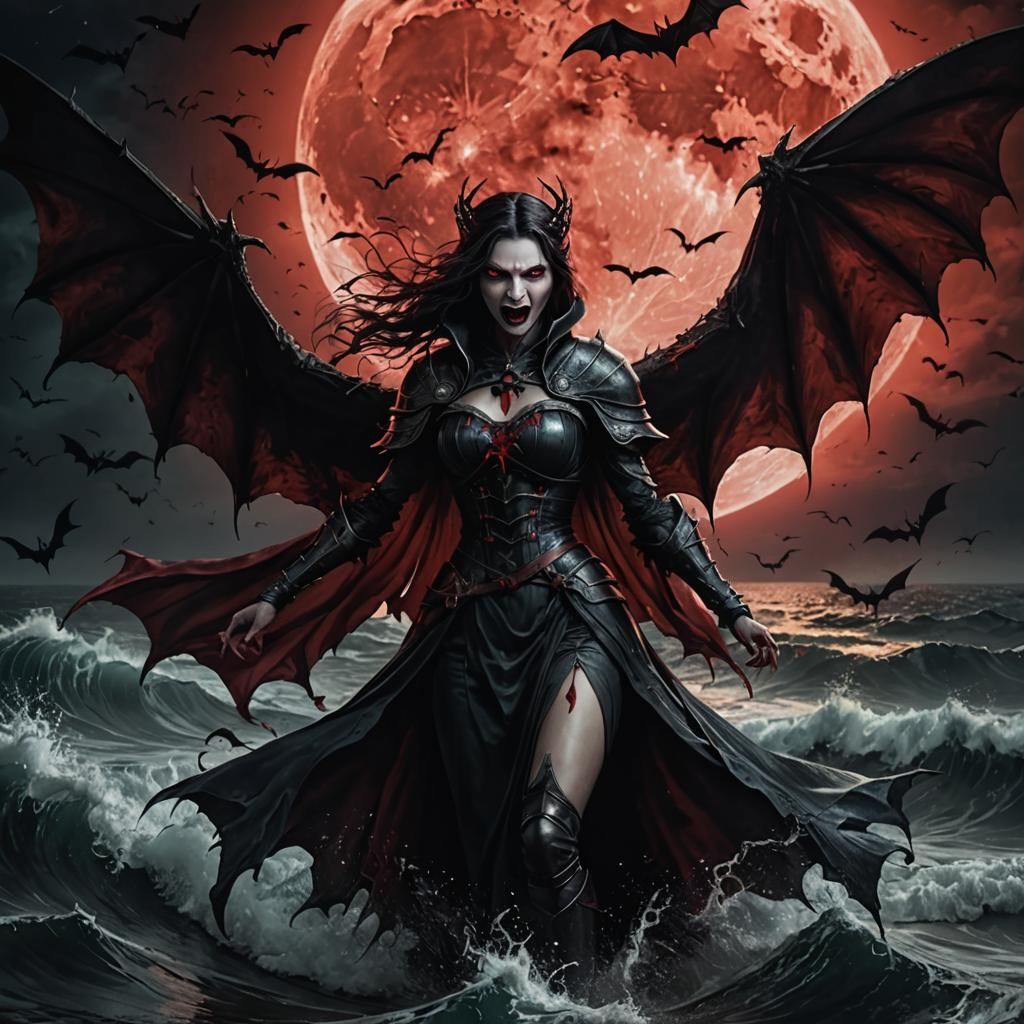 Epic Gothic Vampire Queen with Bats and Ocean