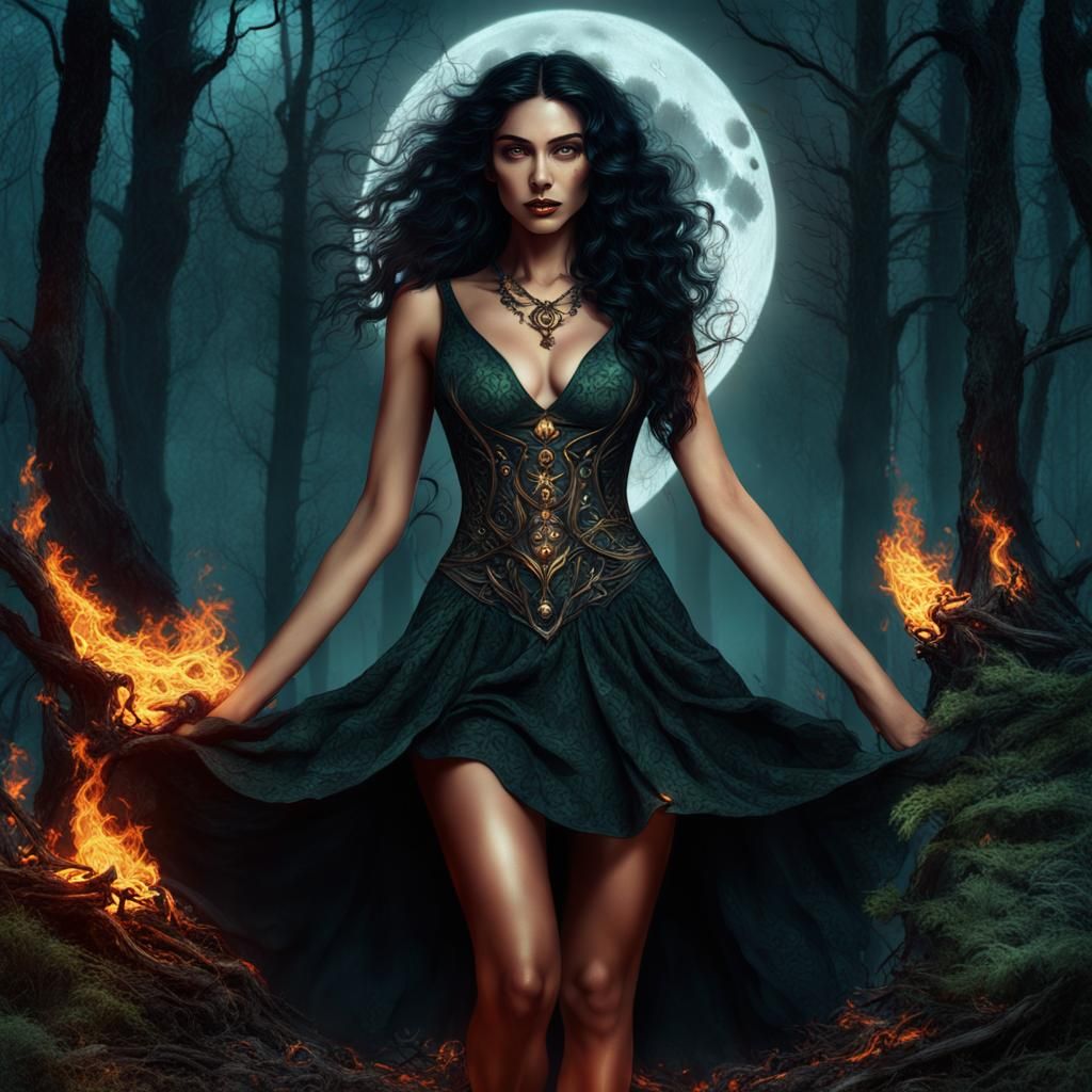 Nature Witch Under Beltane Moon, Fantasy Concept Art